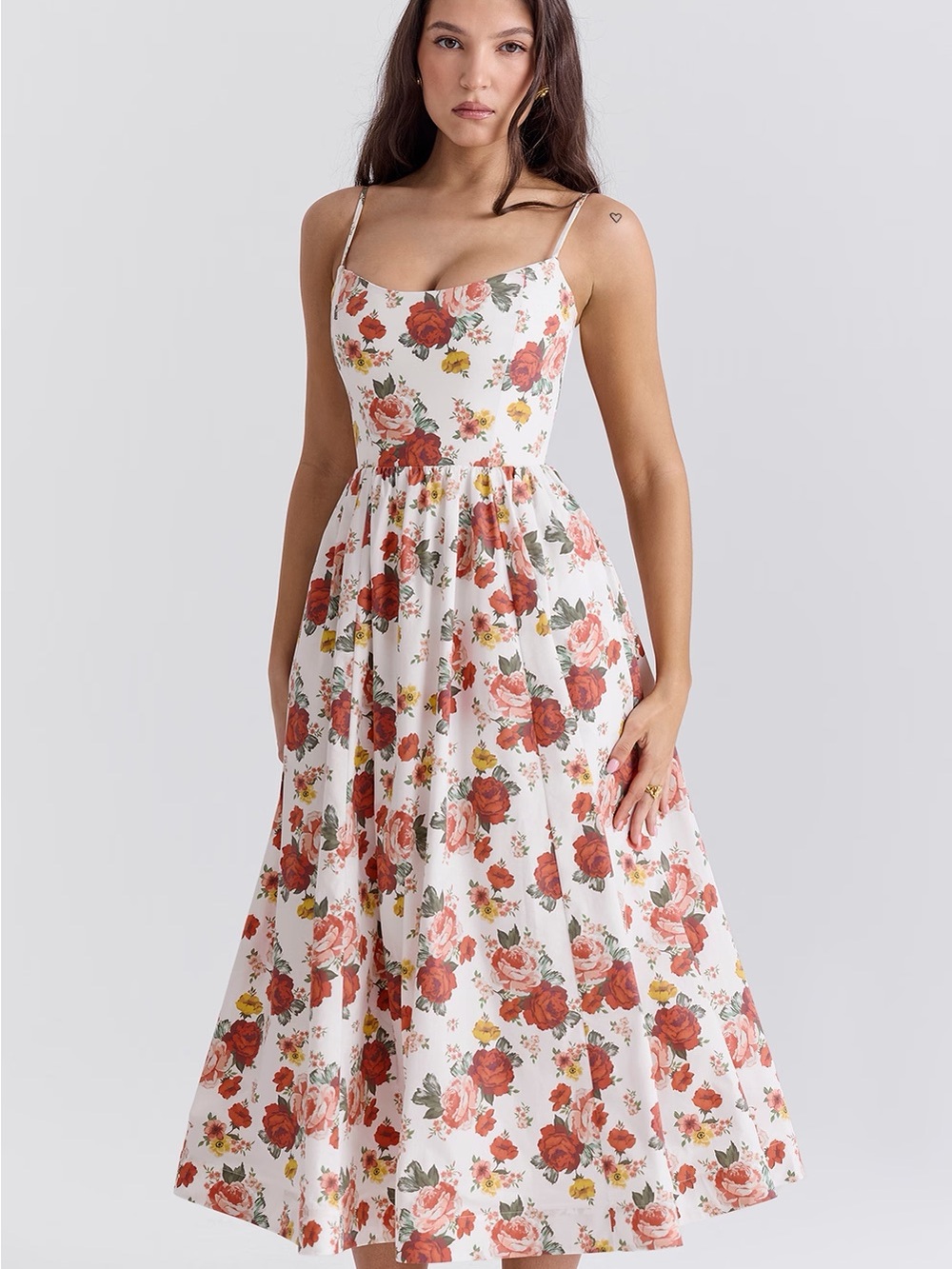 House of CB White Maxi Dress with Red and Pink Rose Print